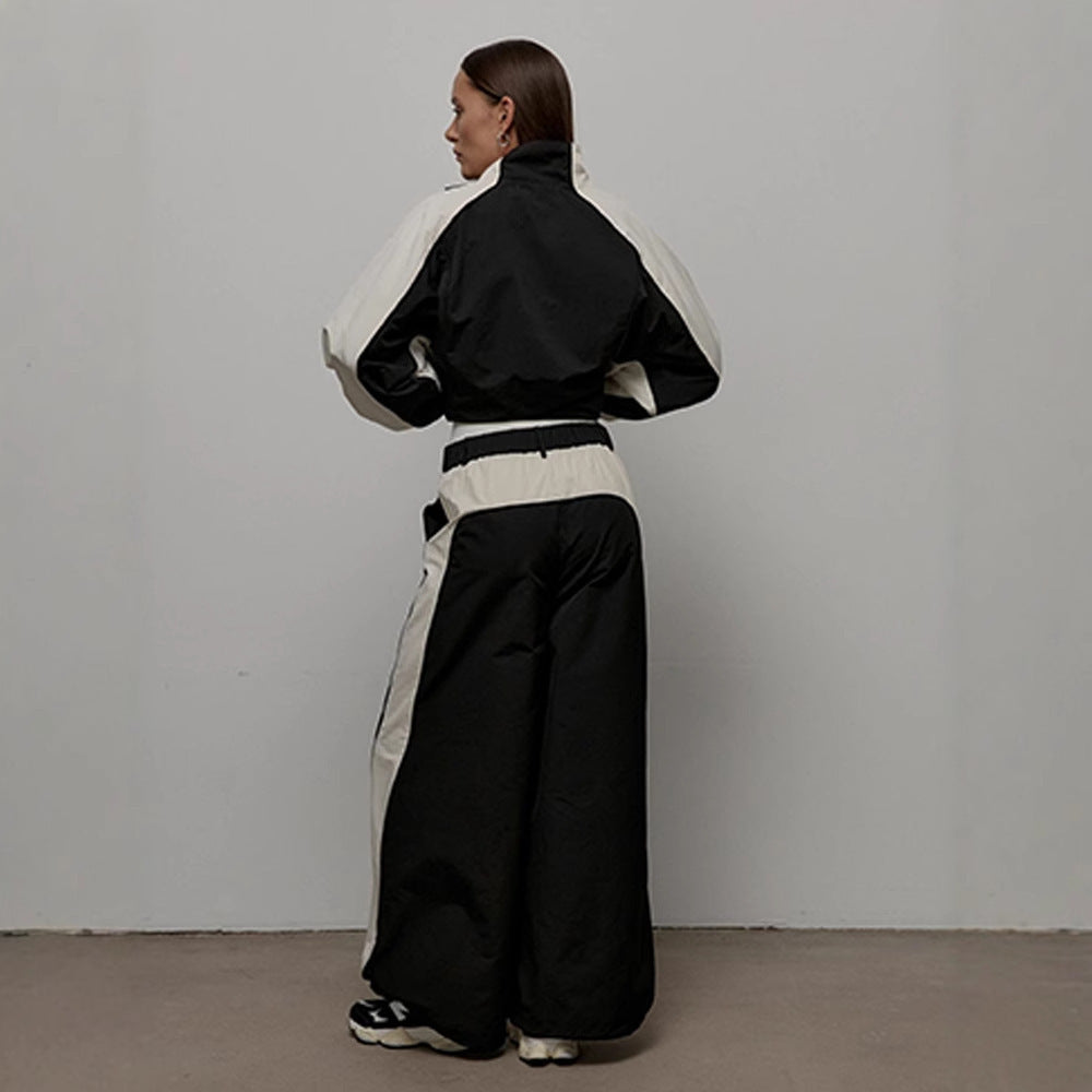 Casual Women's Fashion Color-Blocked Drawstring Tracksuit Set, Two-Piece Sports Jacket and Pants