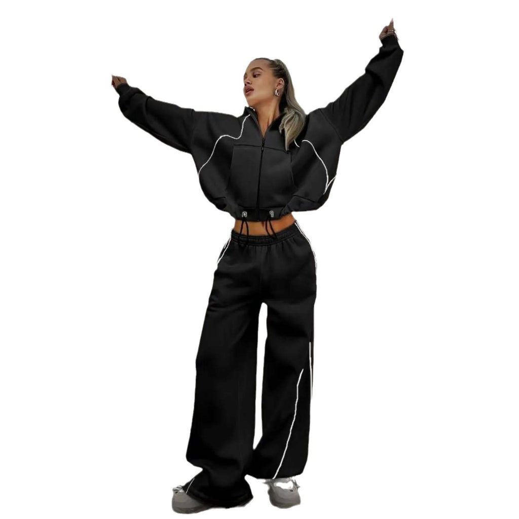 Line Color-block Hooded Zip-up Sweatshirt Set with Loose Straight-leg Pants Two-piece Women's Casual Outfit