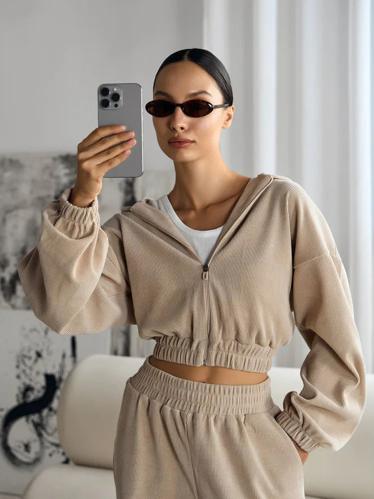 Women's Casual Set Solid Color Long Sleeve Hooded Zip-Up Sweatshirt Elastic Waist Wide Leg Pants
