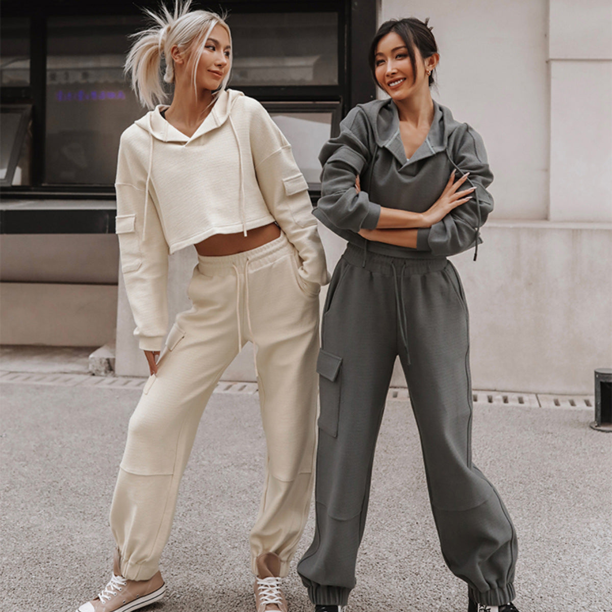 Casual Hooded Long Sleeve Pocket Tracksuit Set for Women