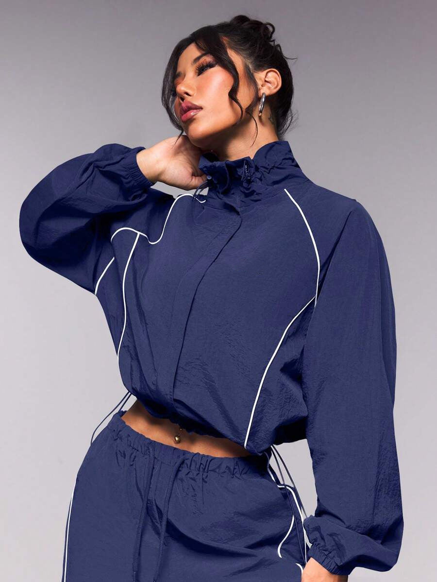 Casual Women's Color-Blocked Drawstring Sport Jacket and Pants Two-Piece Set