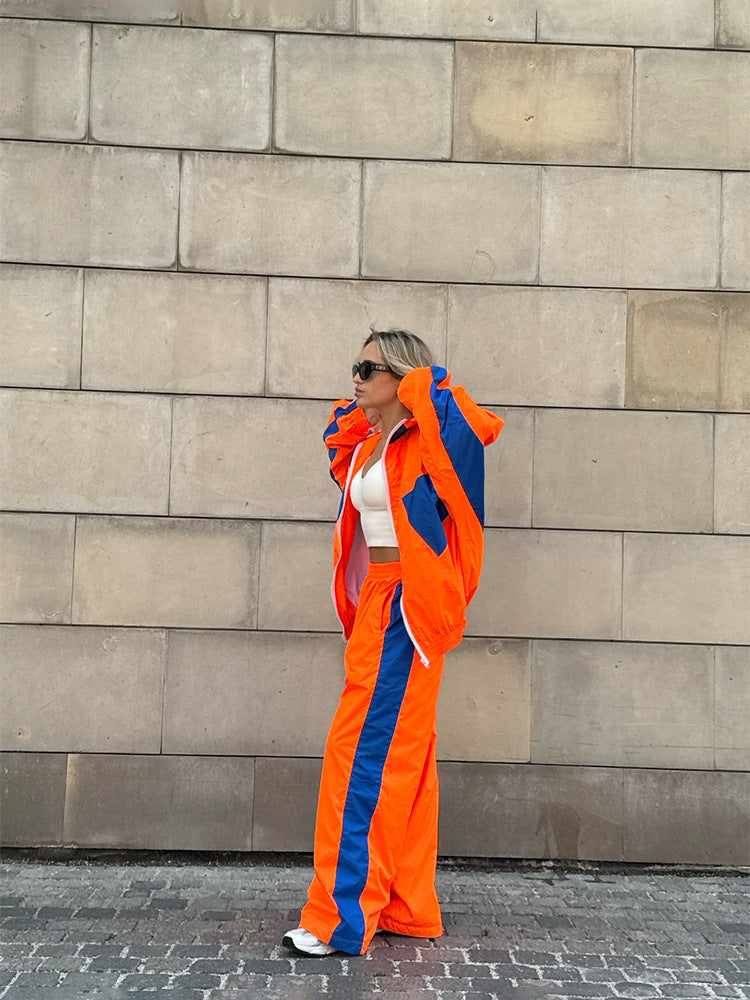 Women's  Loose Color-Block Long Sleeve Zip-Up Cardigan Color-Contrast Top and Pants Tracksuit