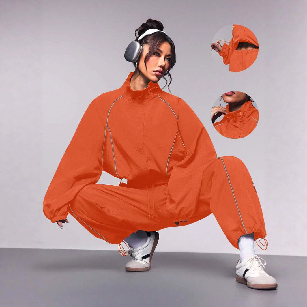 Casual Women's Color-Blocked Drawstring Sport Jacket and Pants Two-Piece Set