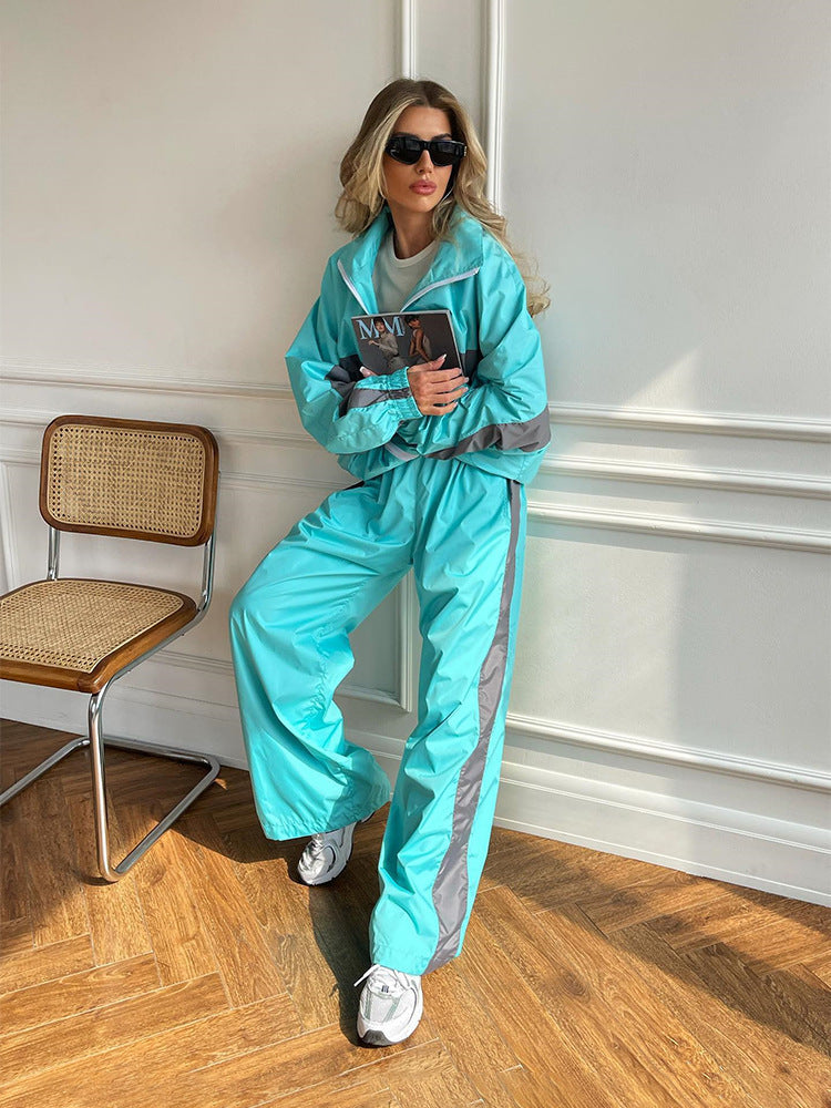 Women's  Loose Color-Block Long Sleeve Zip-Up Cardigan Color-Contrast Top and Pants Tracksuit
