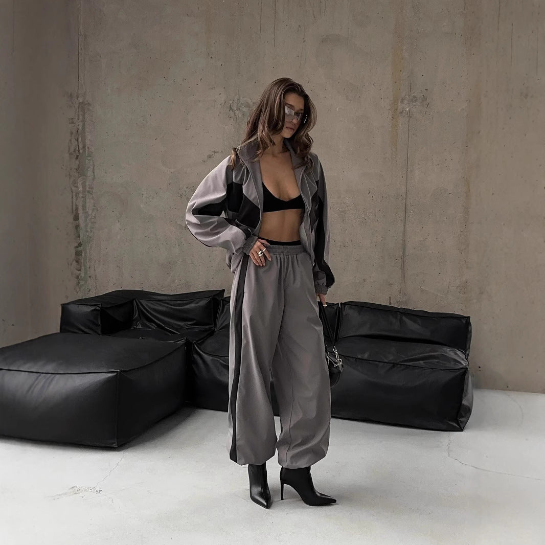 Women's Casual Outfit Loose Color-Block Long Sleeve Zip-Up Cardigan Color-Contrast Top and Pants Tracksuit