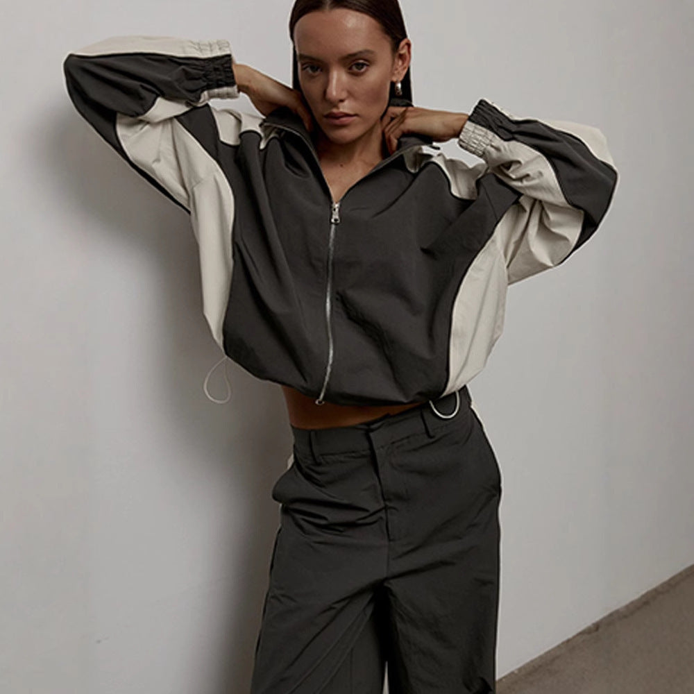 Casual Women's Fashion Color-Blocked Drawstring Tracksuit Set, Two-Piece Sports Jacket and Pants