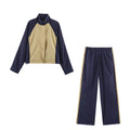 Zipper stand up collar patchwork color jacket+pants set for women