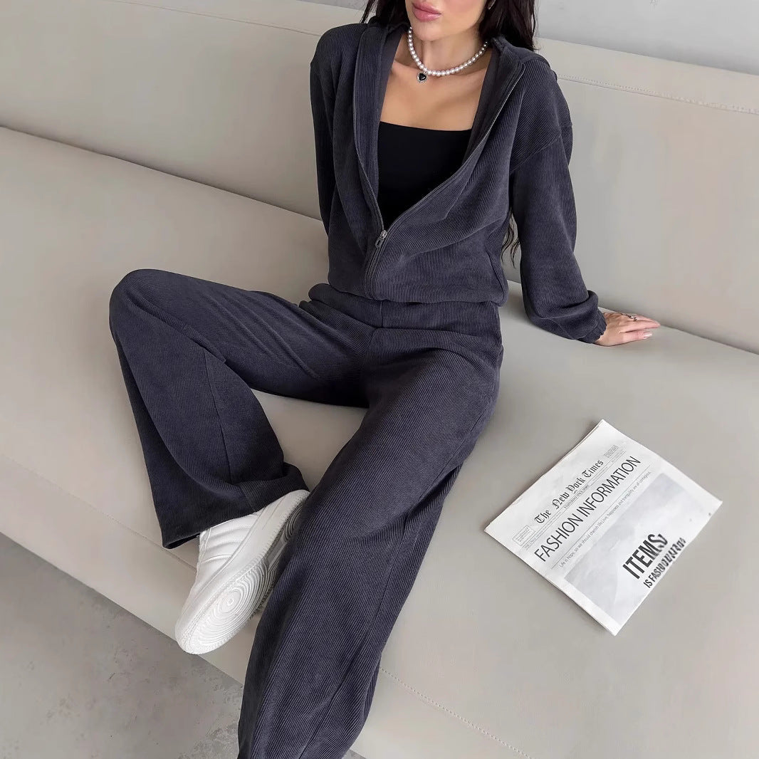 Women's Casual Set Solid Color Long Sleeve Hooded Zip-Up Sweatshirt Elastic Waist Wide Leg Pants