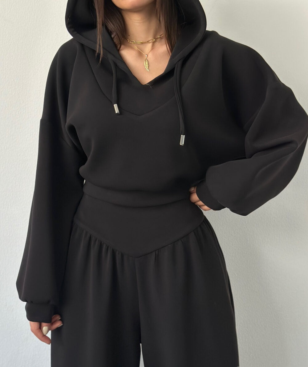 Casual Matching Set for Women, V-Neck Hooded Long Sleeve Sweatshirt and Casual Pants Two-Piece Set