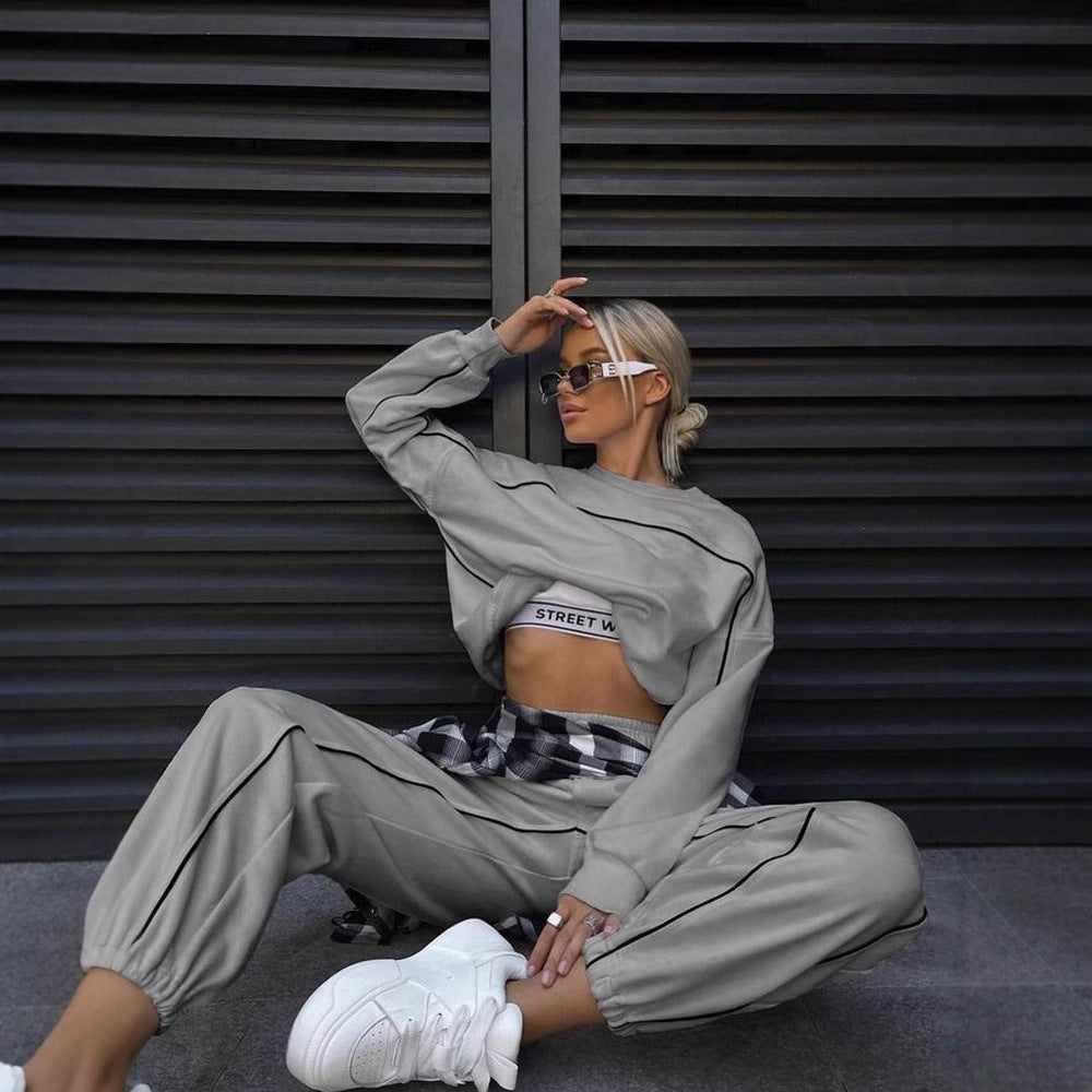 Women's Long Sleeve Line Sweatshirt and Pants Sport Set Casual Two-Piece Outfit