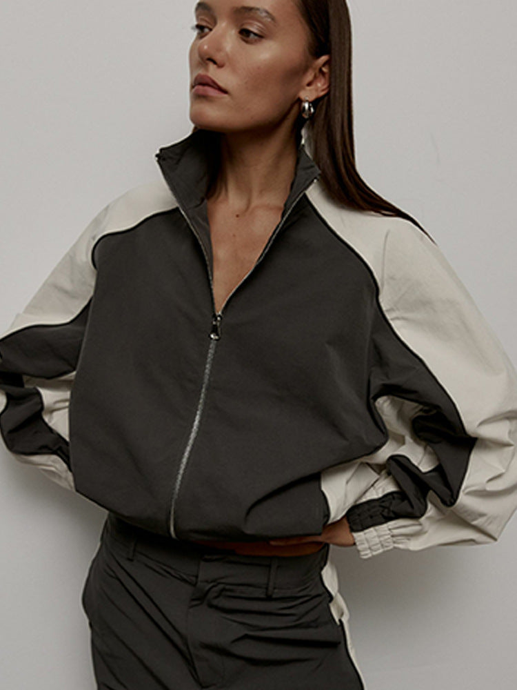 Casual Women's Fashion Color-Blocked Drawstring Tracksuit Set, Two-Piece Sports Jacket and Pants