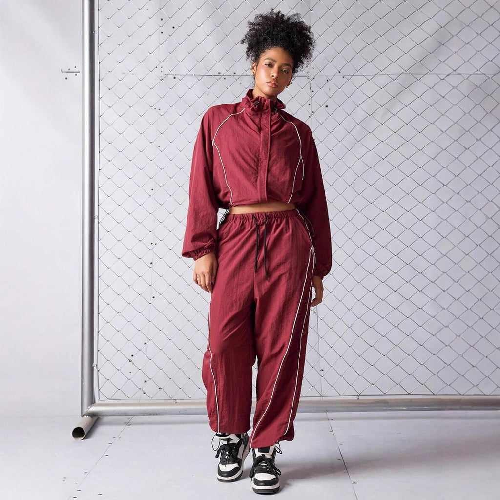 Casual Women's Color-Blocked Drawstring Sport Jacket and Pants Two-Piece Set