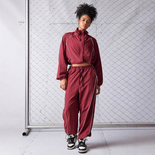 Casual Women's Color-Blocked Drawstring Sport Jacket and Pants Two-Piece Set