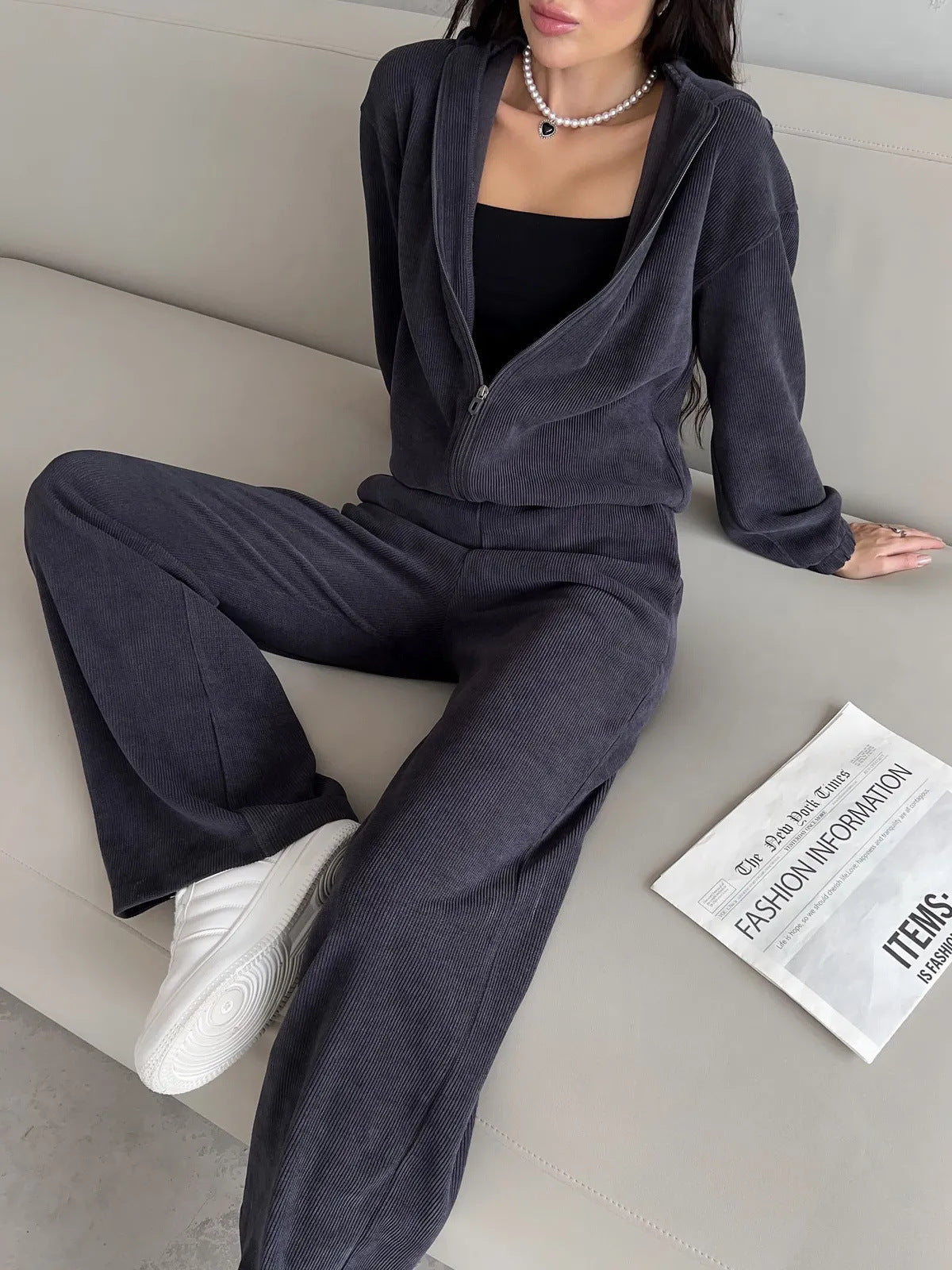Women's Casual Set Solid Color Long Sleeve Hooded Zip-Up Sweatshirt Elastic Waist Wide Leg Pants