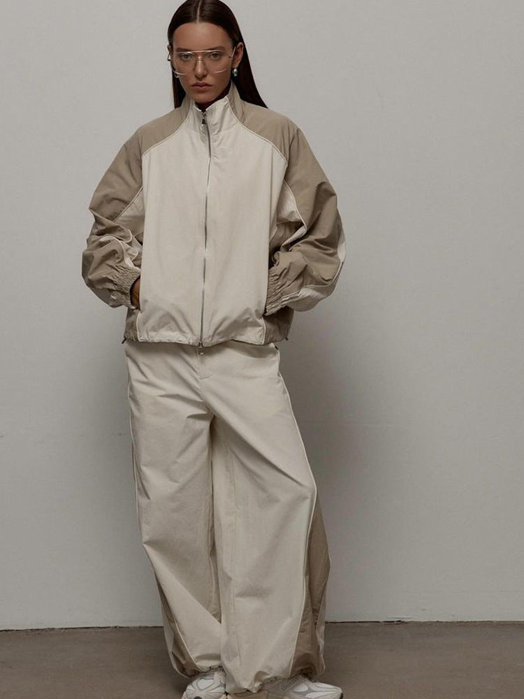 Casual Women's Fashion Color-Blocked Drawstring Tracksuit Set, Two-Piece Sports Jacket and Pants