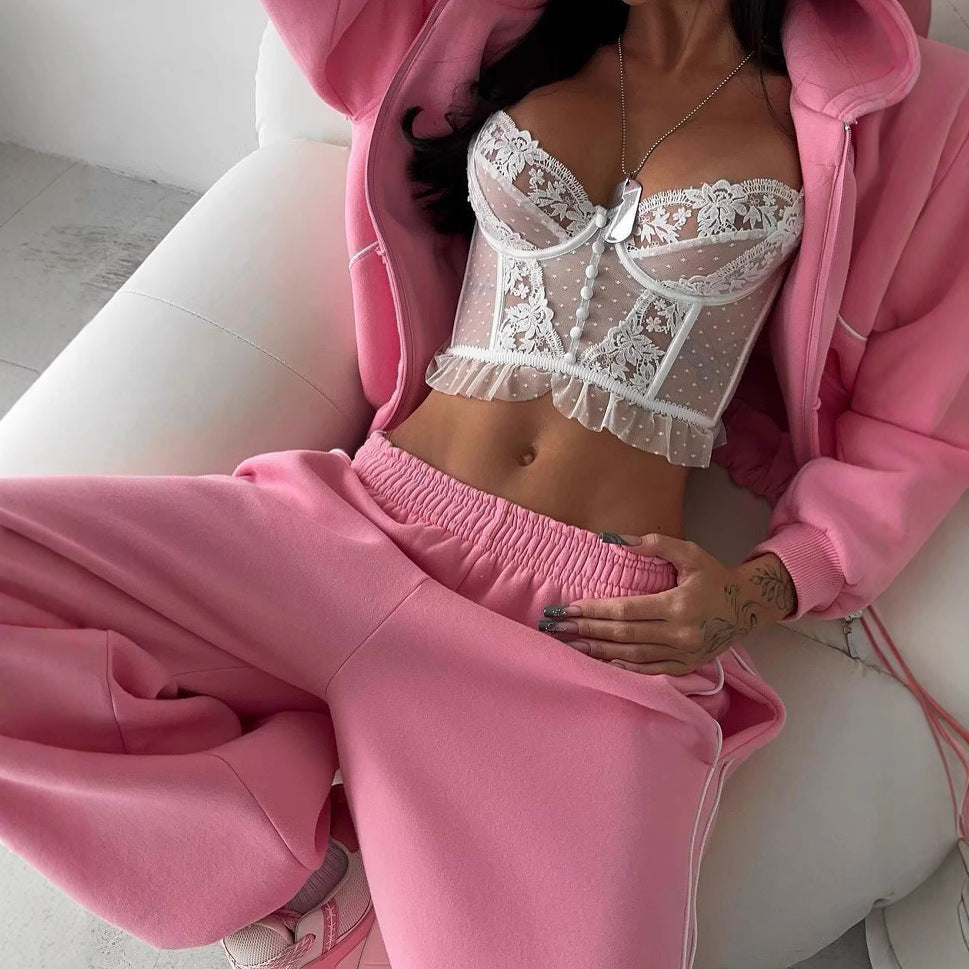 Line Color-block Hooded Zip-up Sweatshirt Set with Loose Straight-leg Pants Two-piece Women's Casual Outfit