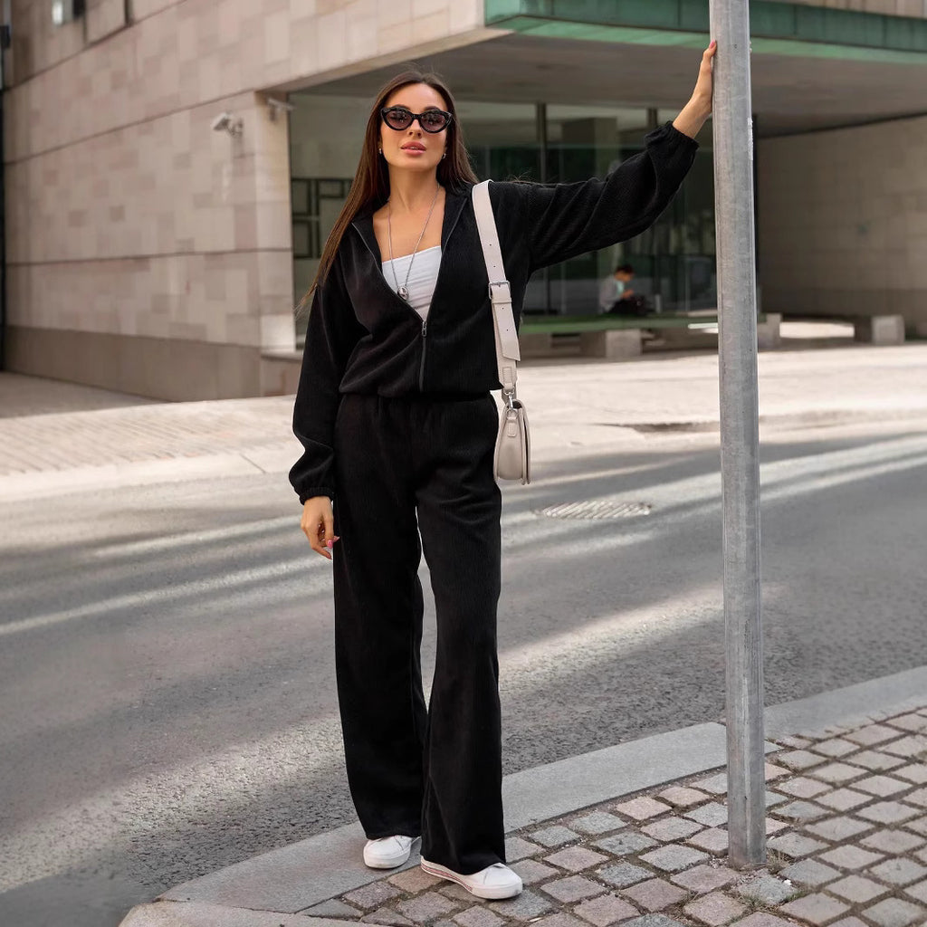 Women's Casual Set Solid Color Long Sleeve Hooded Zip-Up Sweatshirt Elastic Waist Wide Leg Pants