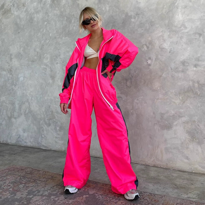 Women's  Loose Color-Block Long Sleeve Zip-Up Cardigan Color-Contrast Top and Pants Tracksuit