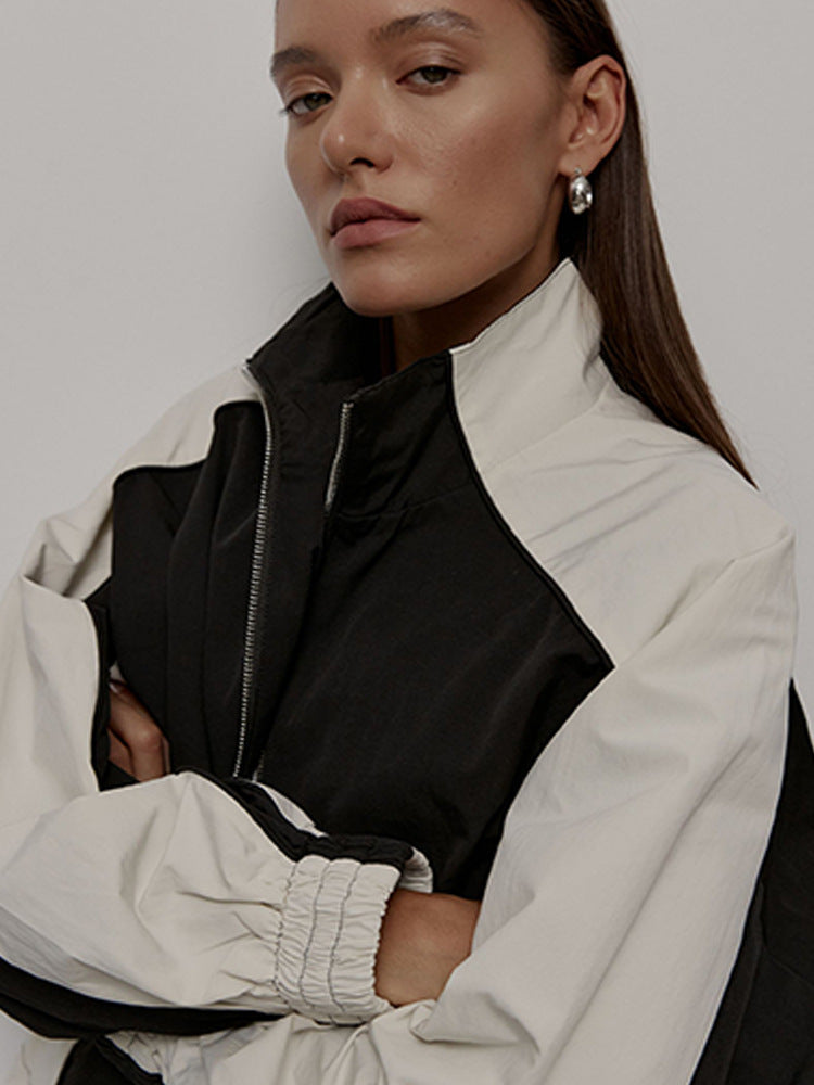 Casual Women's Fashion Color-Blocked Drawstring Tracksuit Set, Two-Piece Sports Jacket and Pants