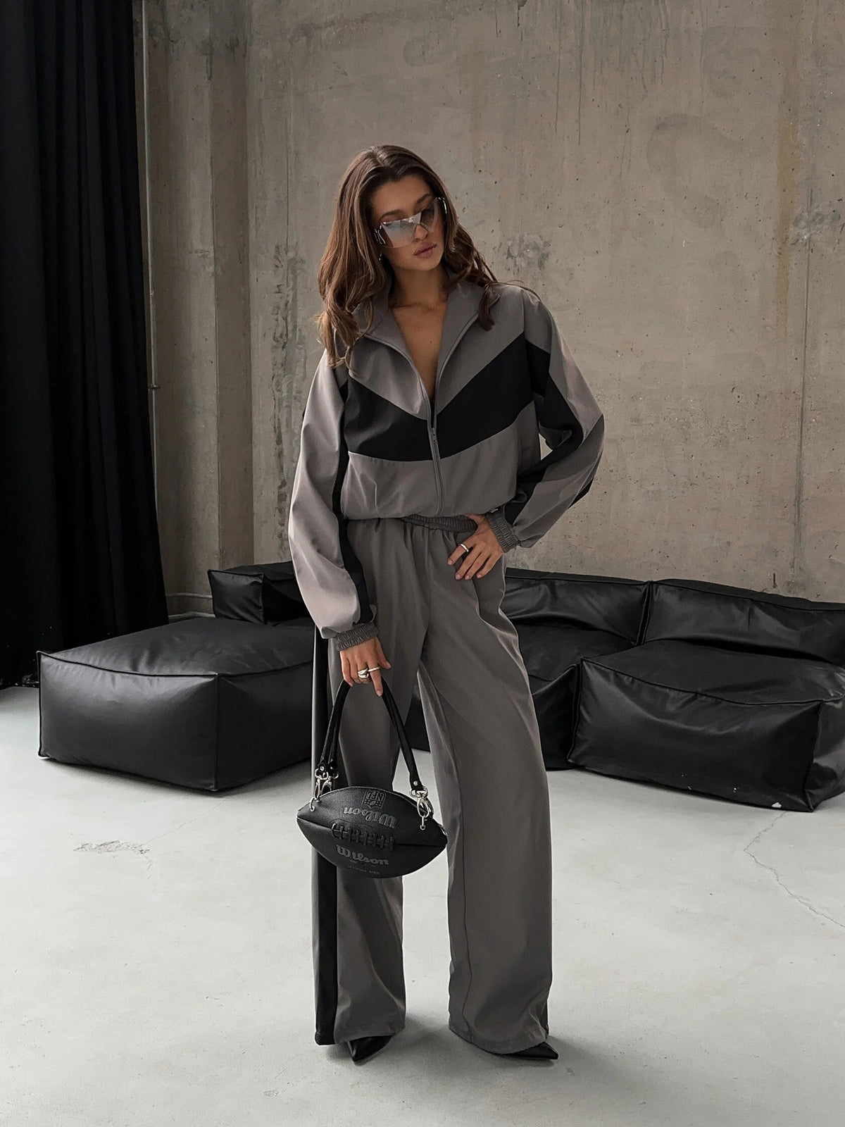 Women's Casual Outfit Loose Color-Block Long Sleeve Zip-Up Cardigan Color-Contrast Top and Pants Tracksuit
