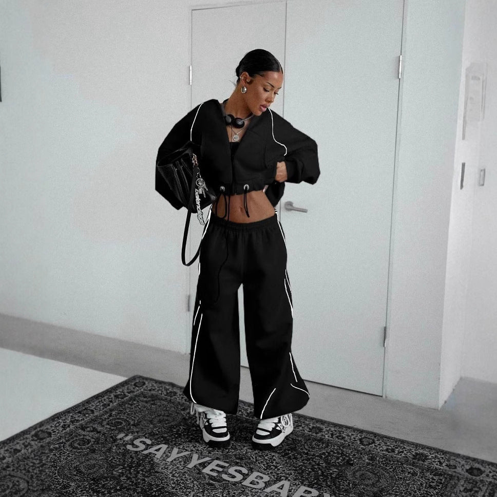 Line Color-block Hooded Zip-up Sweatshirt Set with Loose Straight-leg Pants Two-piece Women's Casual Outfit
