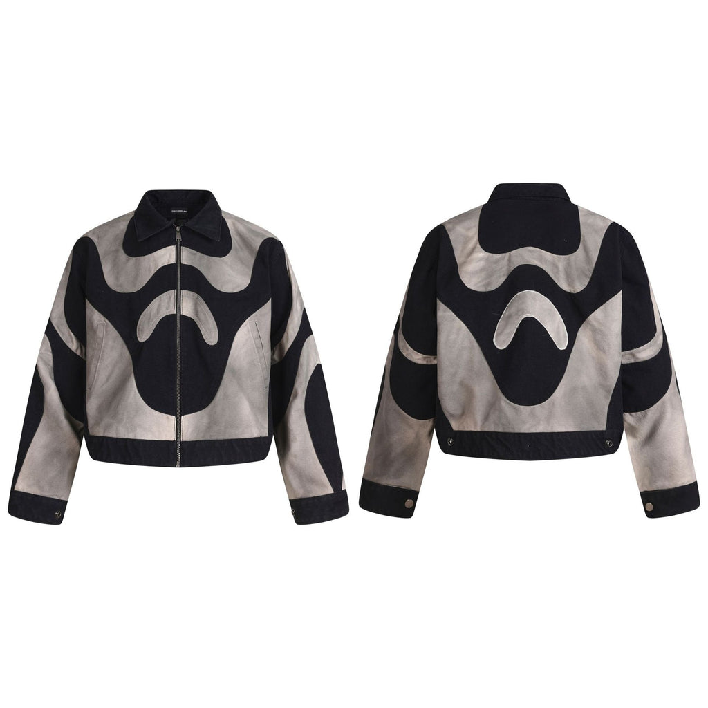 Abstract Wave Color Block Cargo Distressed Wash Short Jacket Unisex