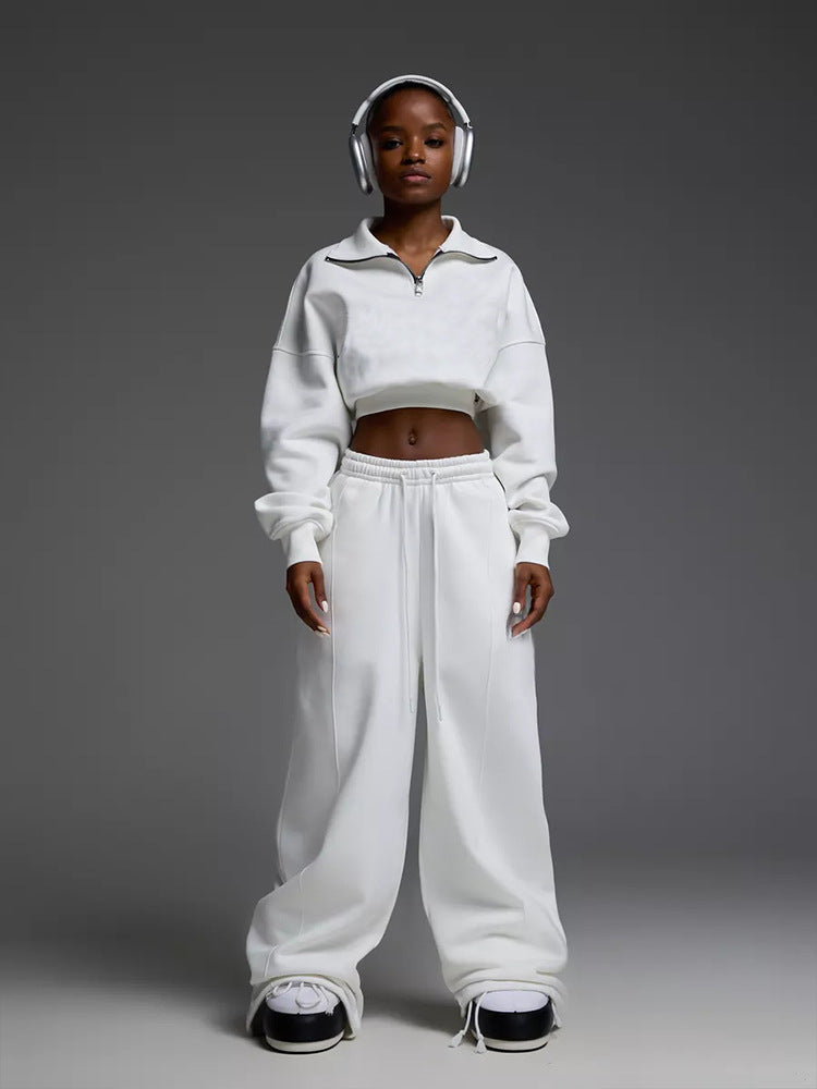 Long Sleeve Turn-Down Collar Waist-Cinched Hoodie with Tie Pants Two-Piece Set