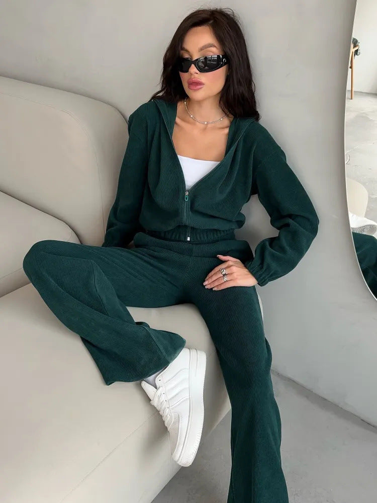 Women's Casual Set Solid Color Long Sleeve Hooded Zip-Up Sweatshirt Elastic Waist Wide Leg Pants
