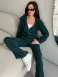 Women's Casual Set Solid Color Long Sleeve Hooded Zip-Up Sweatshirt Elastic Waist Wide Leg Pants