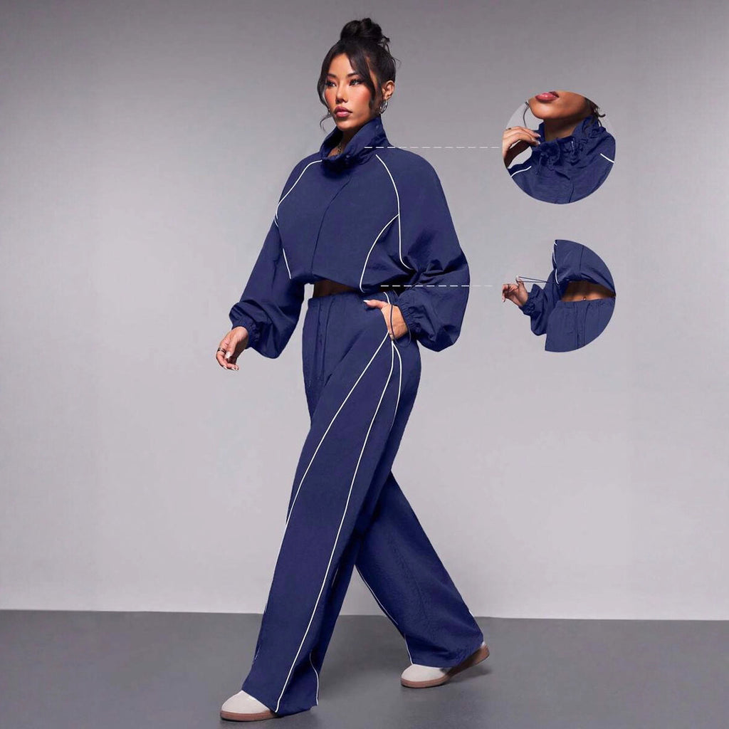 Casual Women's Color-Blocked Drawstring Sport Jacket and Pants Two-Piece Set