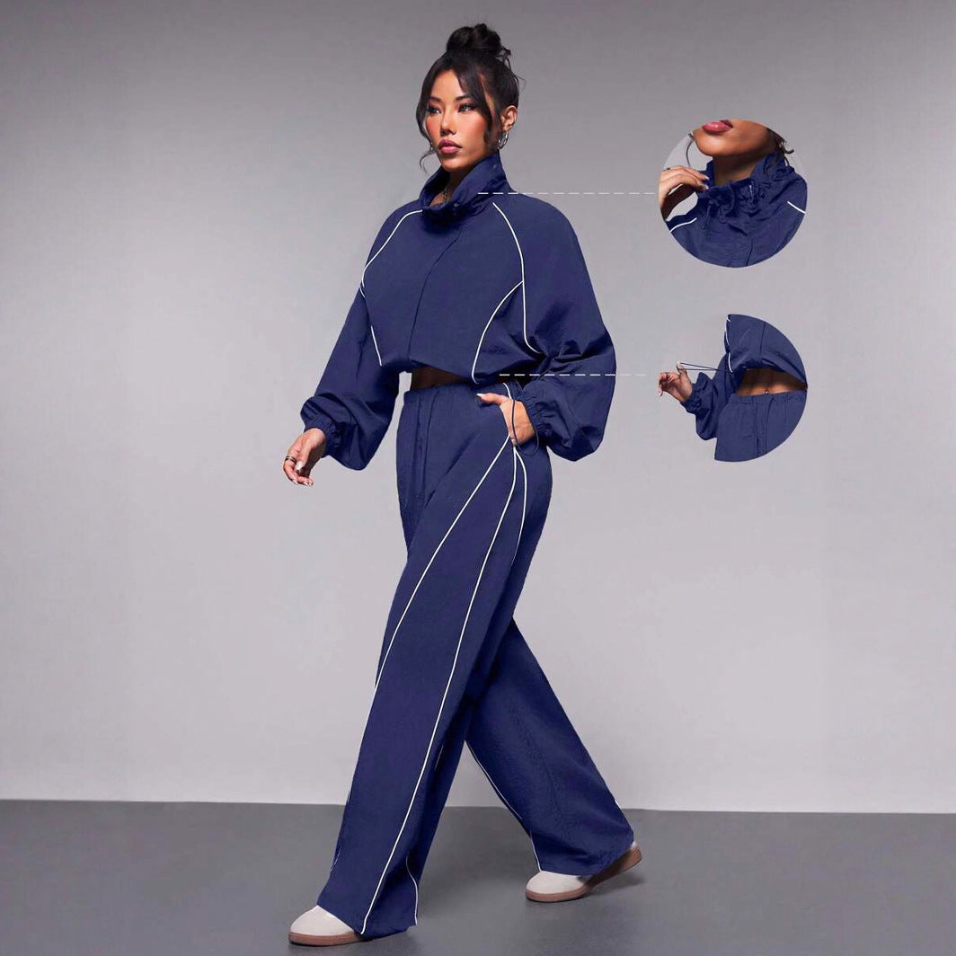 Casual Women's Color-Blocked Drawstring Sport Jacket and Pants Two-Piece Set