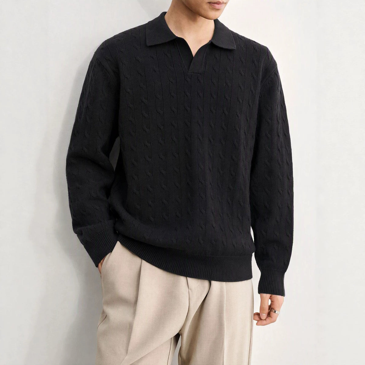 Solid color long sleeved sweater for men