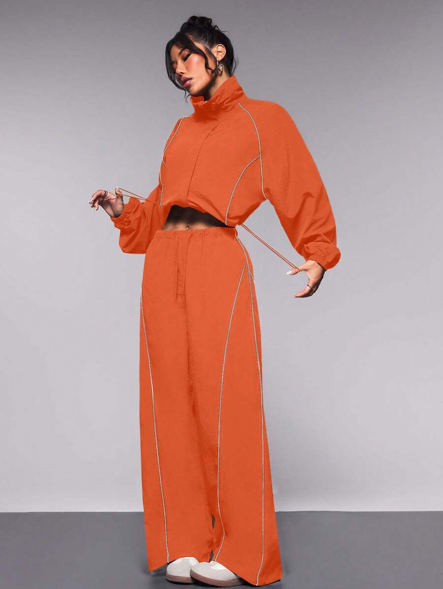 Casual Women's Color-Blocked Drawstring Sport Jacket and Pants Two-Piece Set