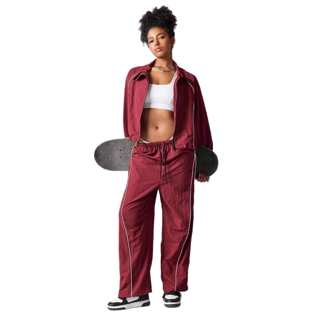 Casual Women's Color-Blocked Drawstring Sport Jacket and Pants Two-Piece Set