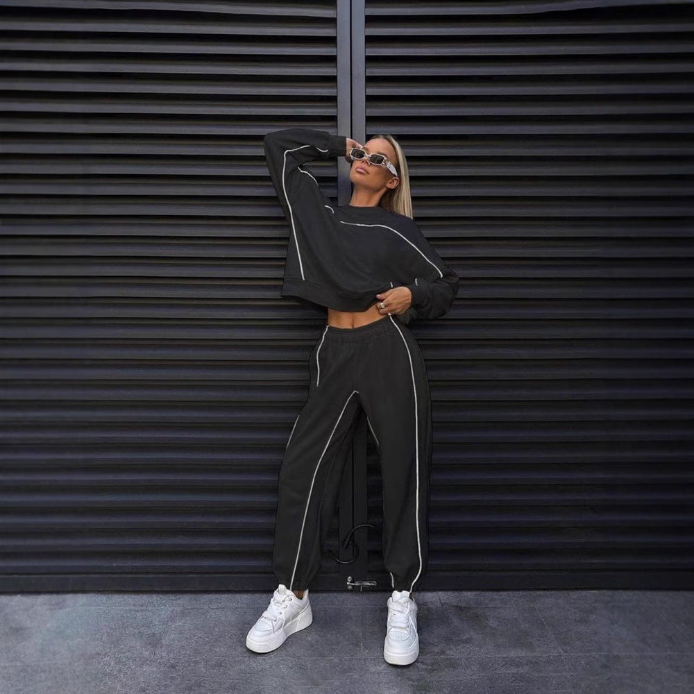 Women's Long Sleeve Line Sweatshirt and Pants Sport Set Casual Two-Piece Outfit