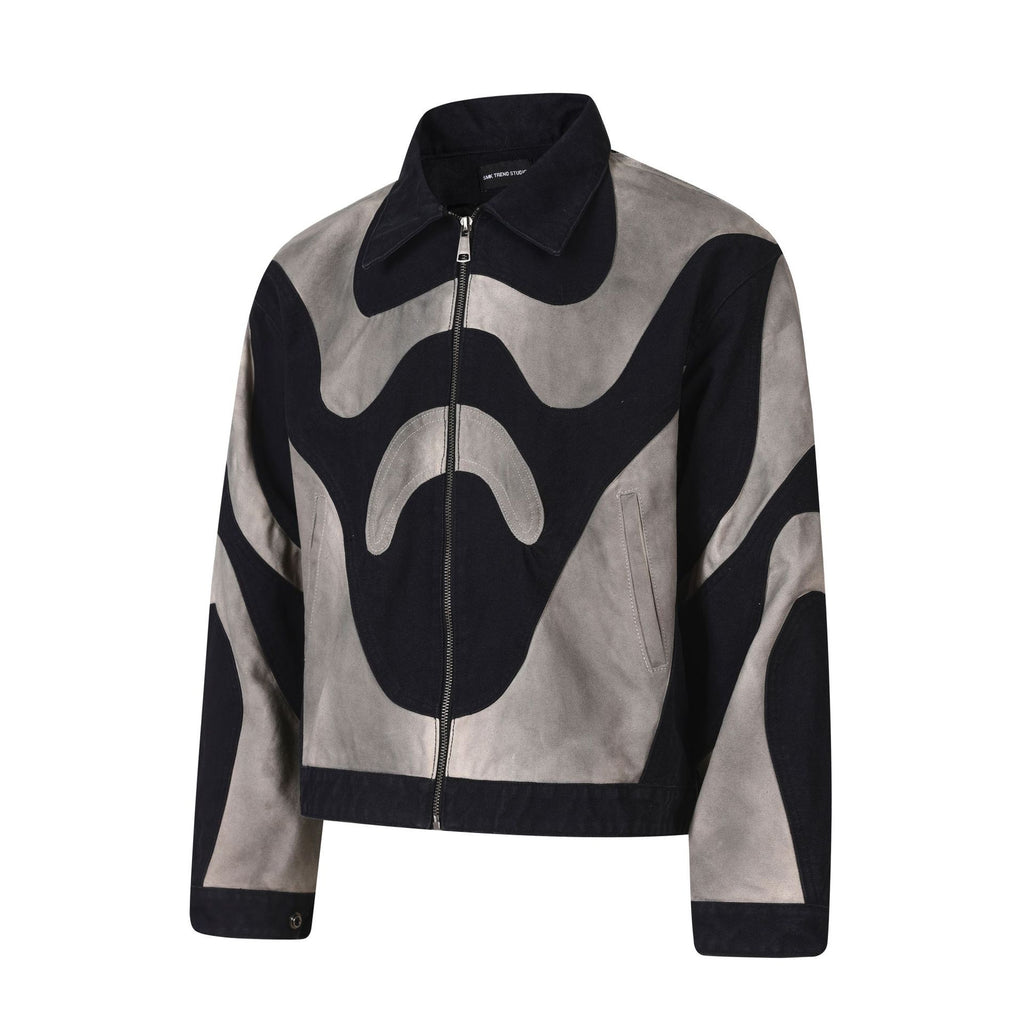 Abstract Wave Color Block Cargo Distressed Wash Short Jacket Unisex
