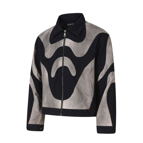 Abstract Wave Color Block Cargo Distressed Wash Short Jacket Unisex