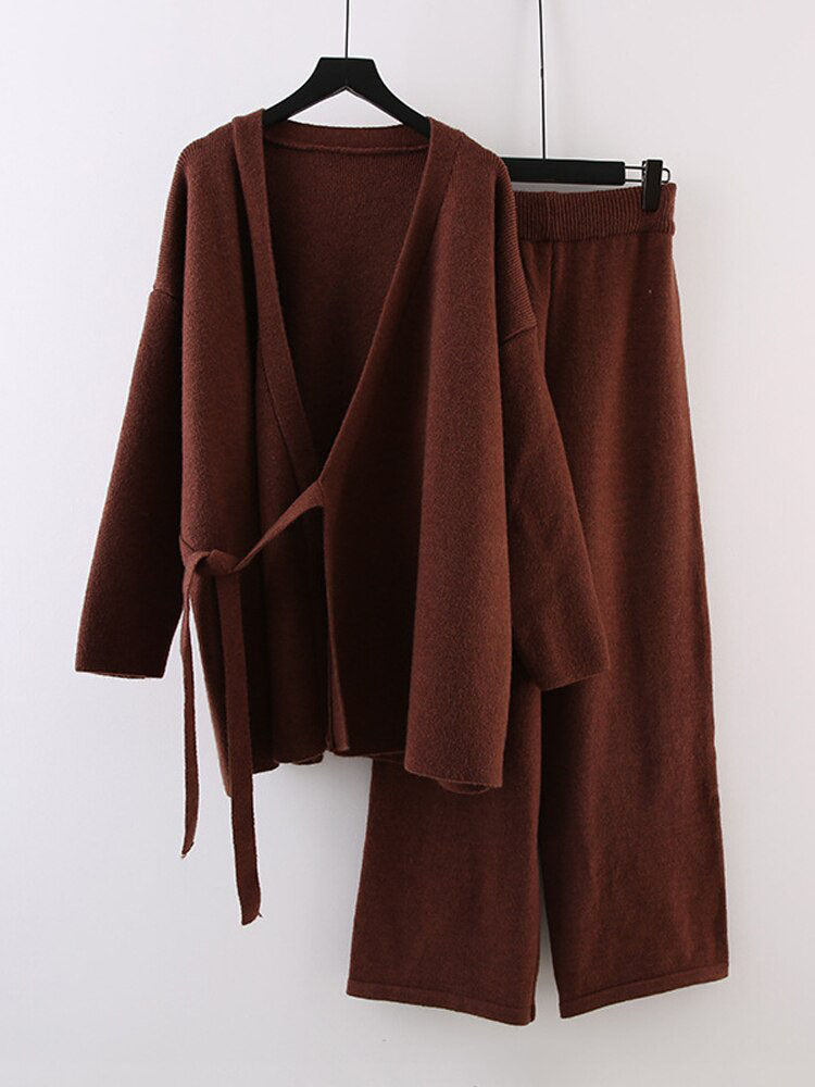 Two Piece Cardigans and Trousers Autumn Winter Women Sweater Suits Fashion Loose Knitted Pant Tracksuit Lady Warm Set