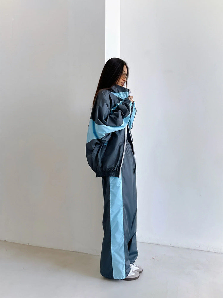 Women's  Loose Color-Block Long Sleeve Zip-Up Cardigan Color-Contrast Top and Pants Tracksuit