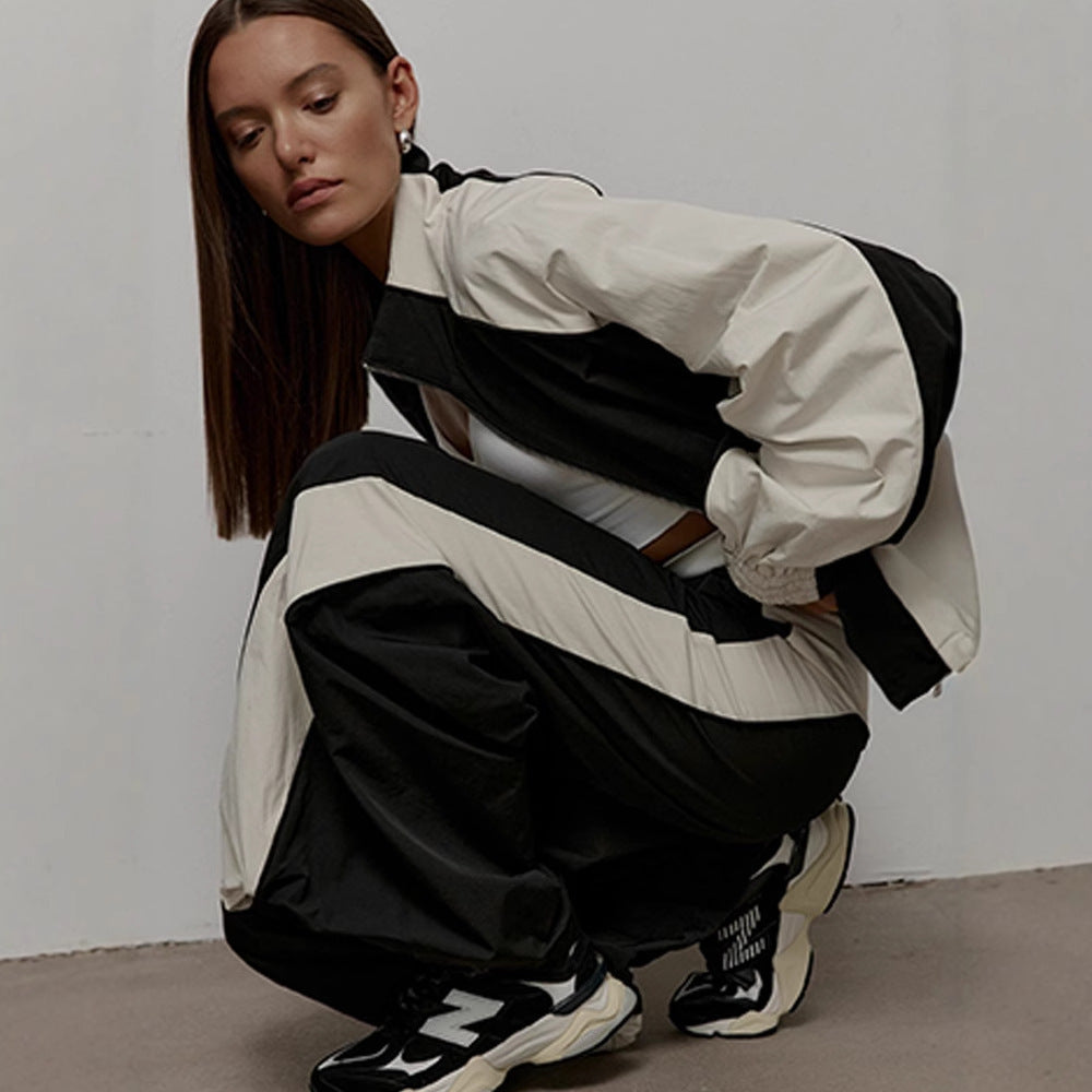 Casual Women's Fashion Color-Blocked Drawstring Tracksuit Set, Two-Piece Sports Jacket and Pants
