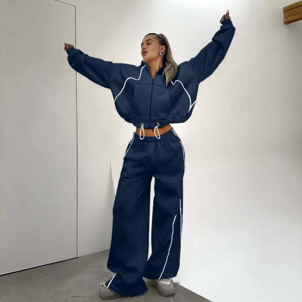 Line Color-block Hooded Zip-up Sweatshirt Set with Loose Straight-leg Pants Two-piece Women's Casual Outfit
