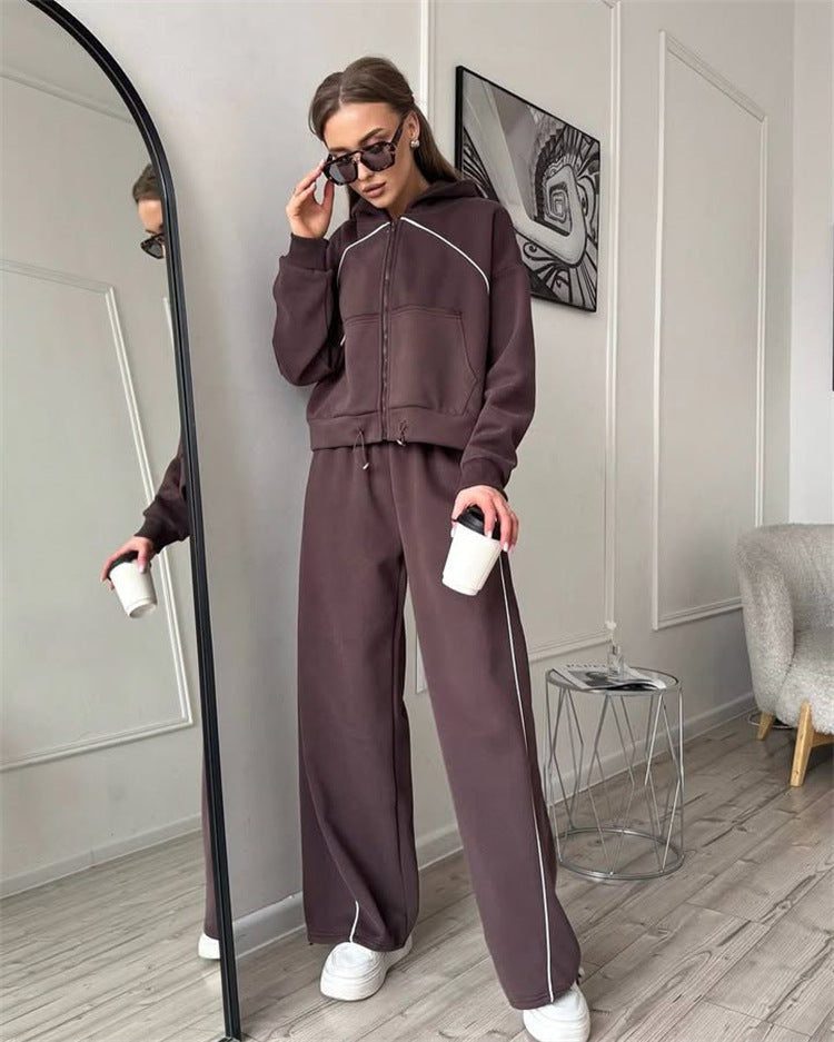 Casual Sport Women's Two-Piece Set Solid Color Long Sleeve Zip-Up Jacket Elastic Waist Long Pants