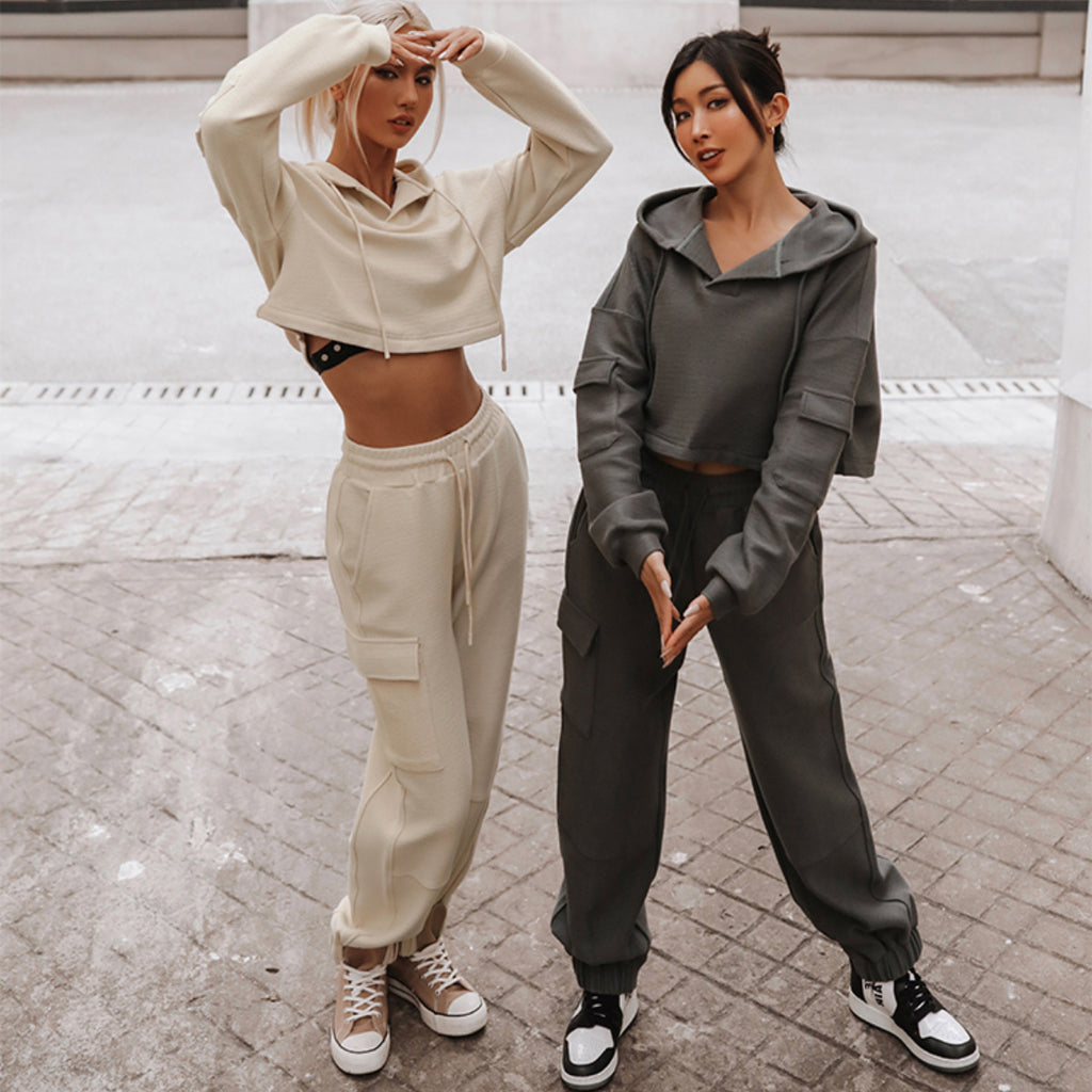 Casual Hooded Long Sleeve Pocket Tracksuit Set for Women