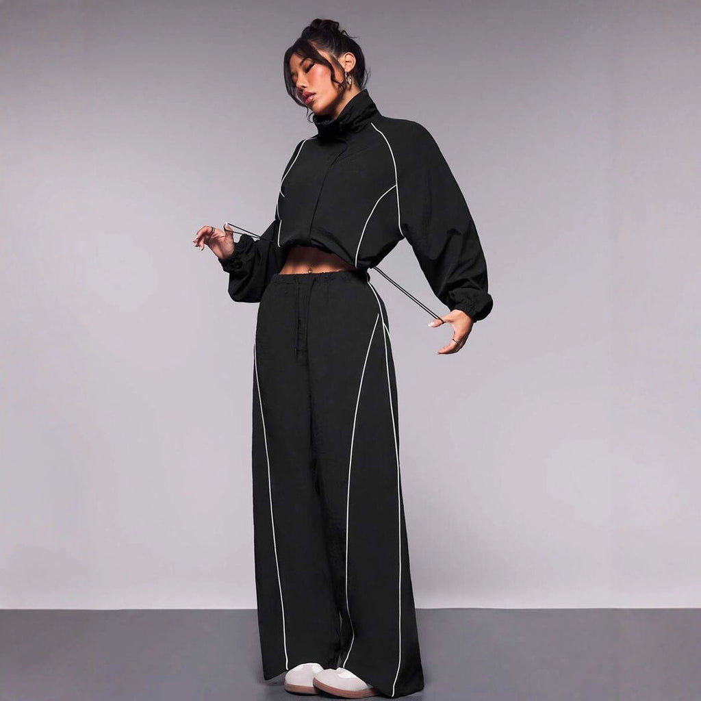 Casual Women's Color-Blocked Drawstring Sport Jacket and Pants Two-Piece Set