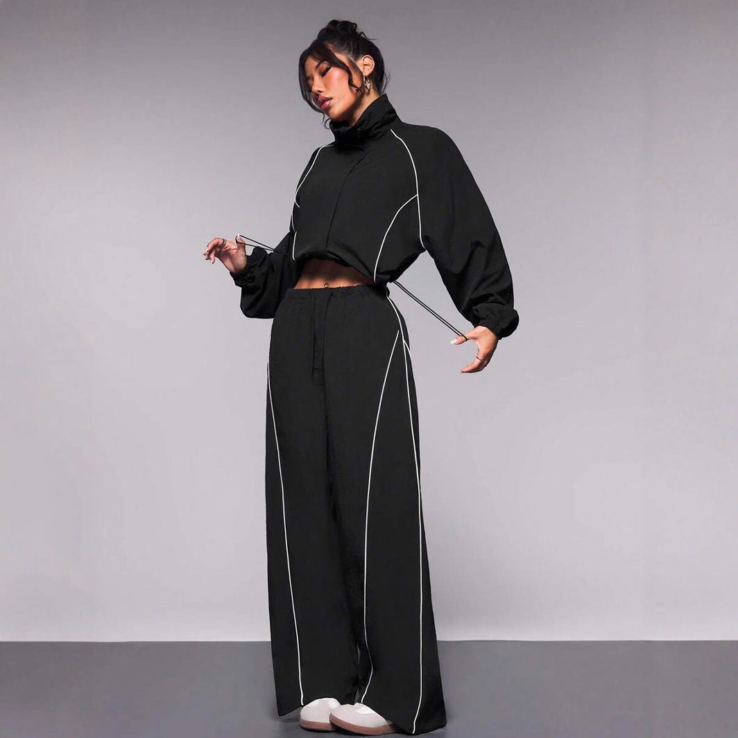 Casual Women's Color-Blocked Drawstring Sport Jacket and Pants Two-Piece Set