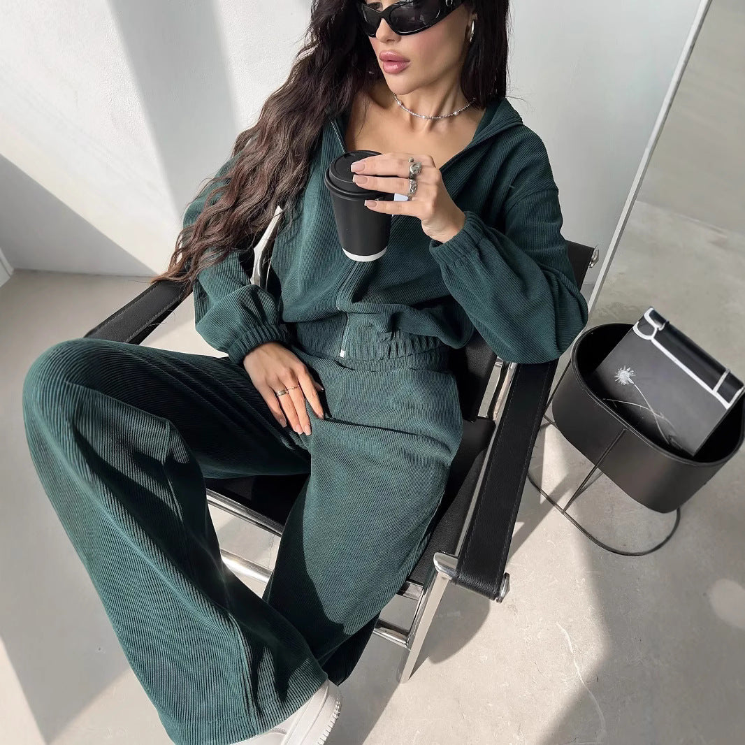 Women's Casual Set Solid Color Long Sleeve Hooded Zip-Up Sweatshirt Elastic Waist Wide Leg Pants