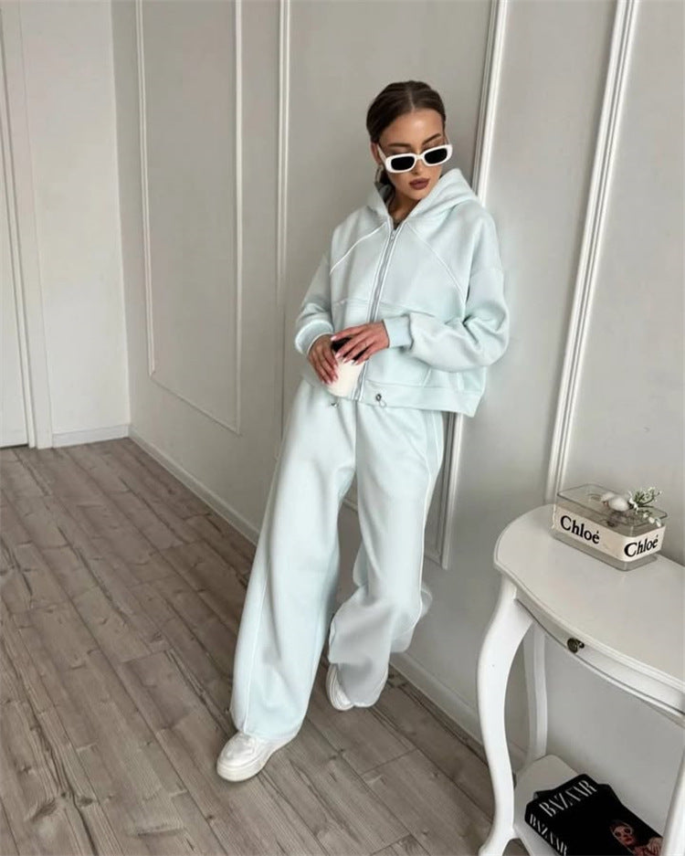 Casual Sport Women's Two-Piece Set Solid Color Long Sleeve Zip-Up Jacket Elastic Waist Long Pants