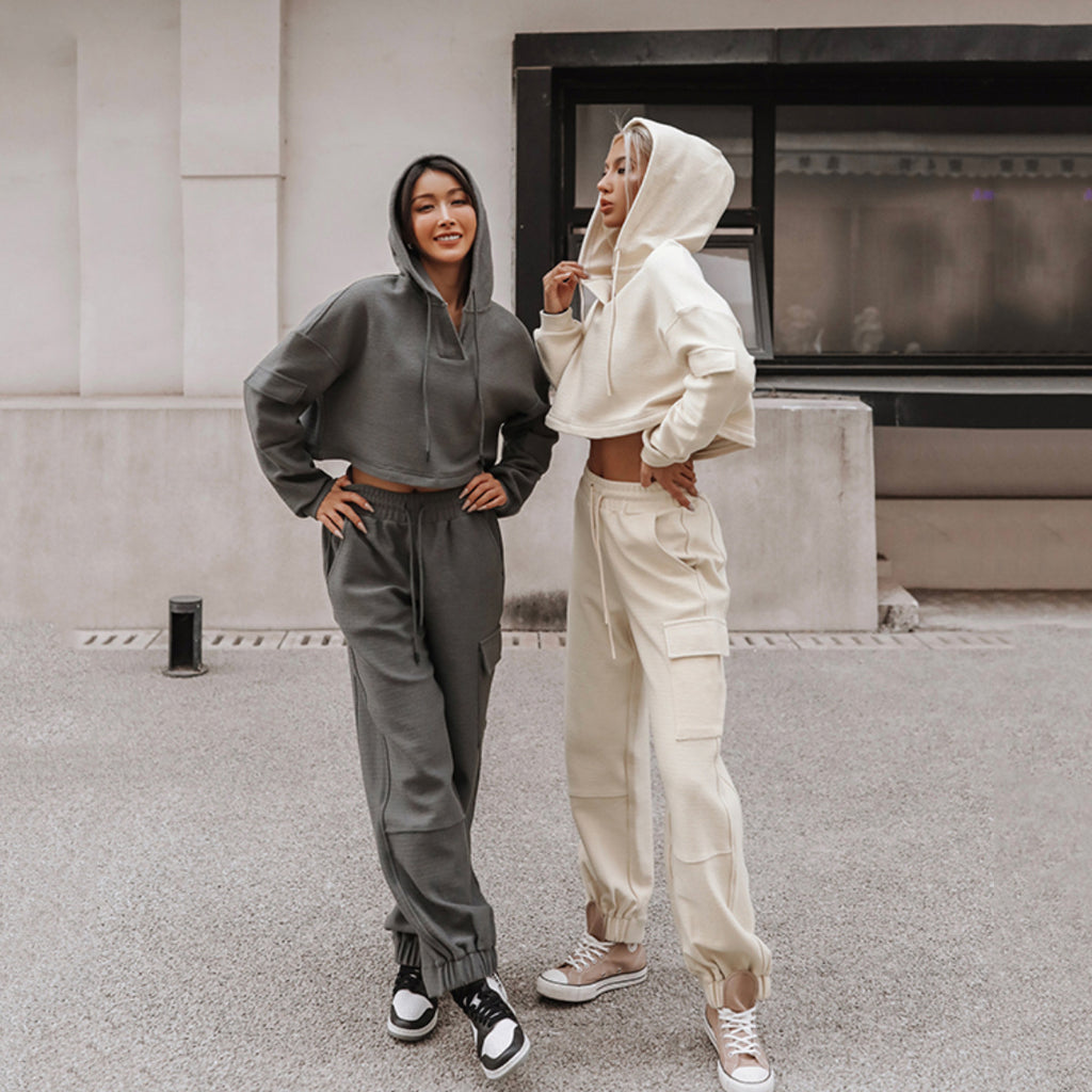 Casual Hooded Long Sleeve Pocket Tracksuit Set for Women