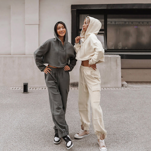 Casual Hooded Long Sleeve Pocket Tracksuit Set for Women