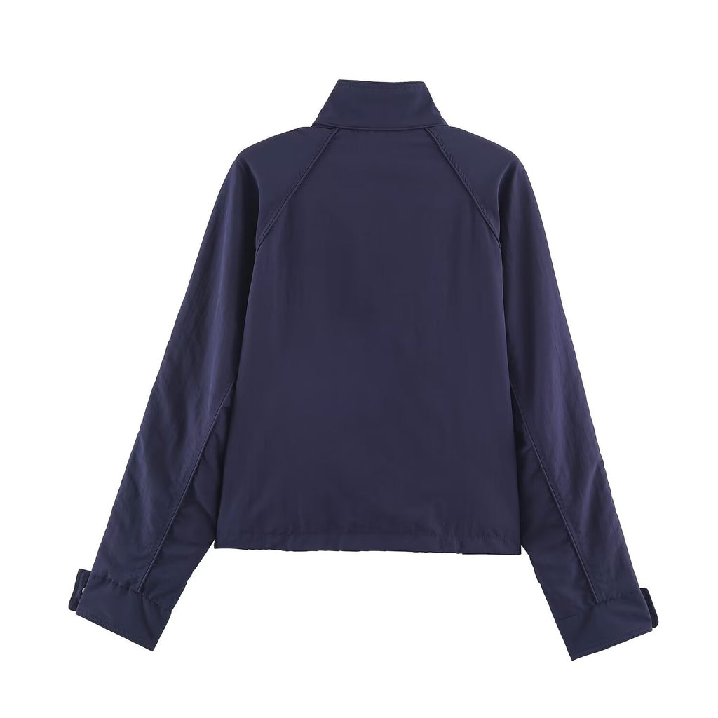 Zipper stand up collar patchwork color jacket+pants set for women